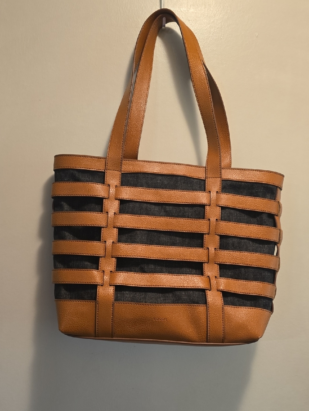 Fossil Tan Leather-Strap Woven Tote Bag with Black Fabric Panels